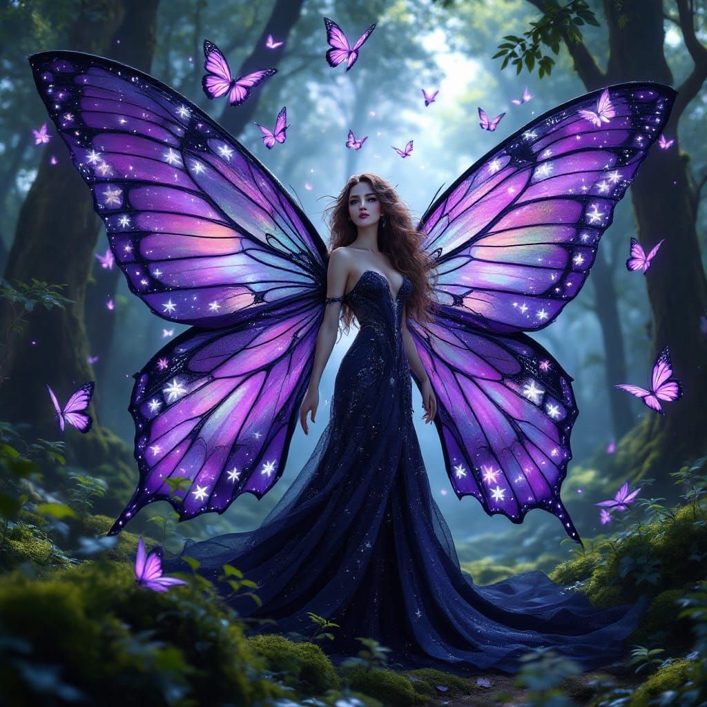 Mystical Fairy with Vibrant Butterfly Wings in Ethereal Fore...