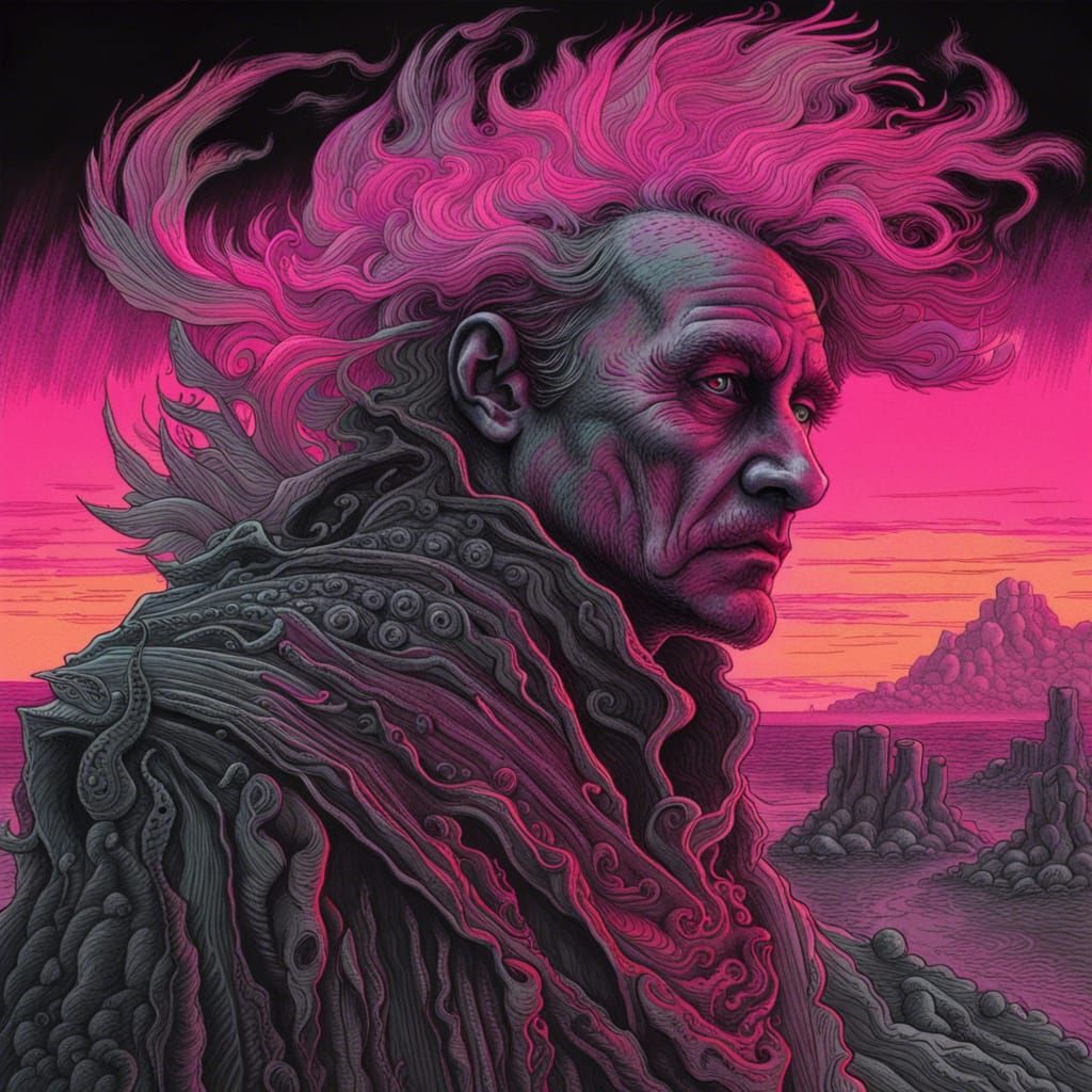 Wandering Hero in Baroque Synthwave Desert, Charcoal Drawing