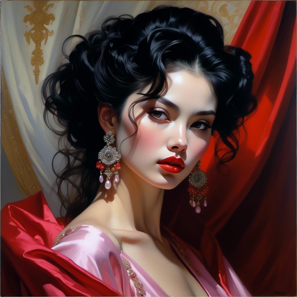 Glamorous Japanese Woman in Hyperrealistic Painting