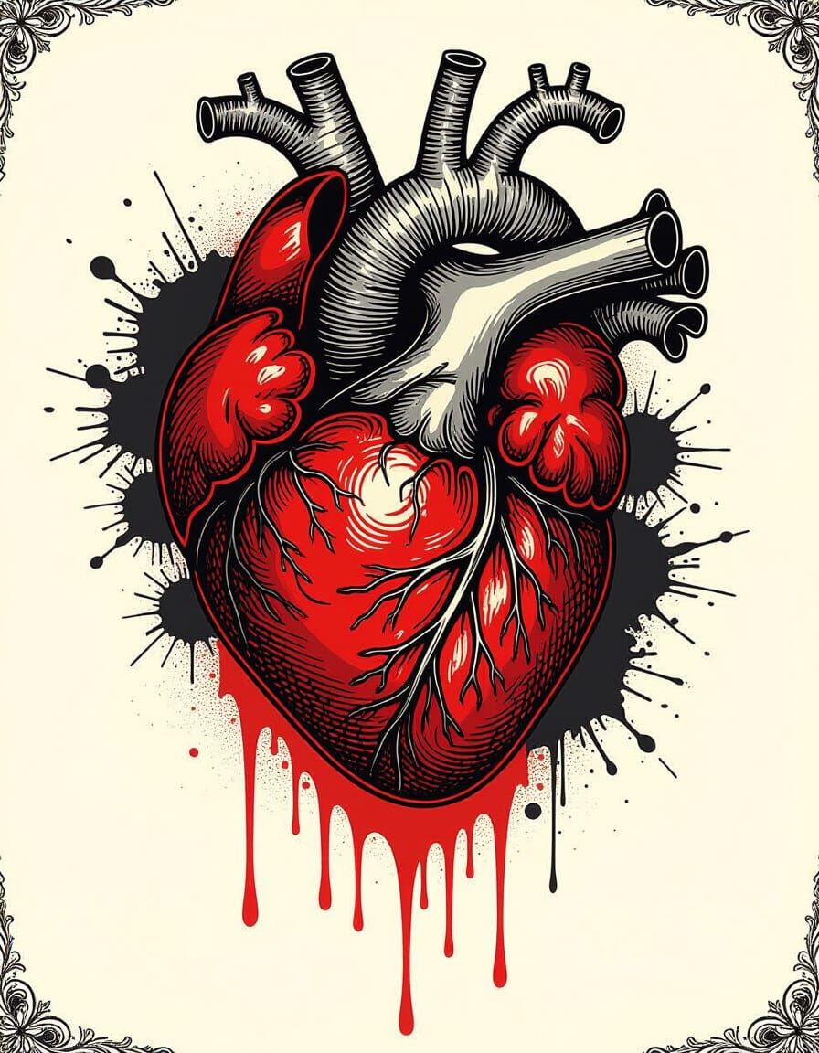 Hand-Drawn Red Ink Heart with Dripping Stains