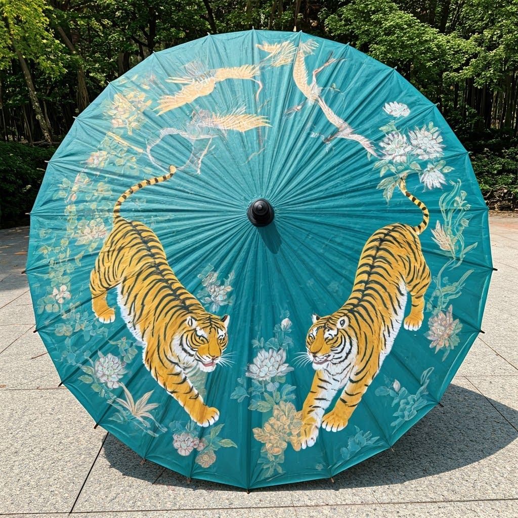 Golden Tigers on a Vibrant Minhwa Wagasa Umbrella