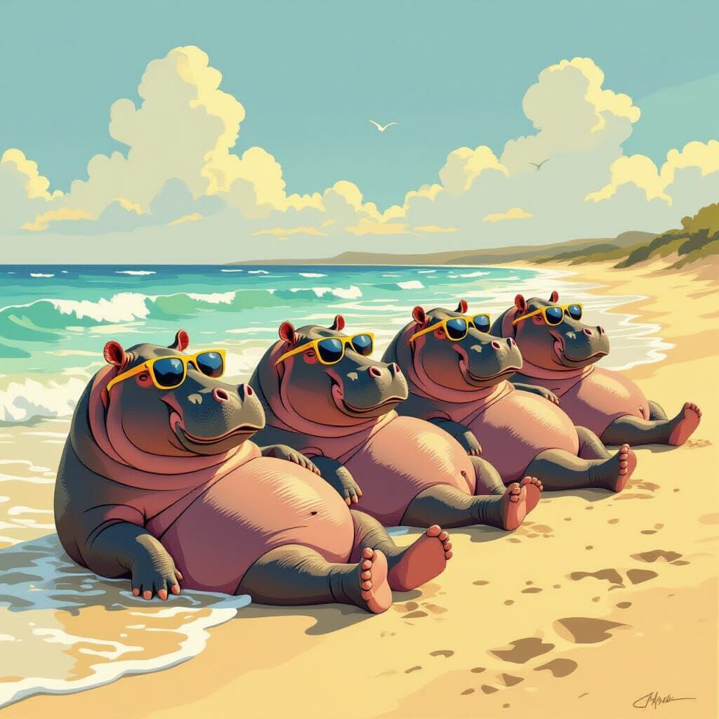 Relaxed Hippos Sunbathing on Beach in Sunglasses