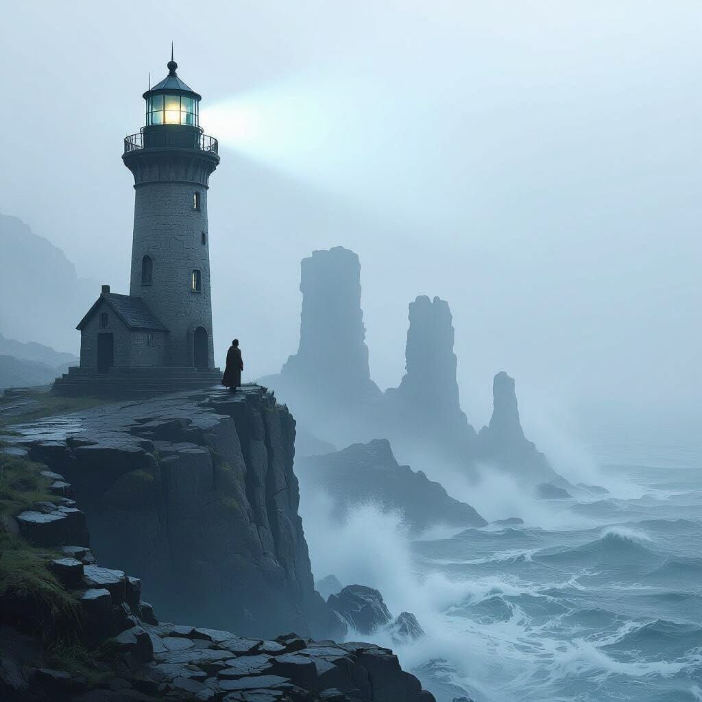 Lighthouse Keeper on Cliff Overlooking Ancient Ruins