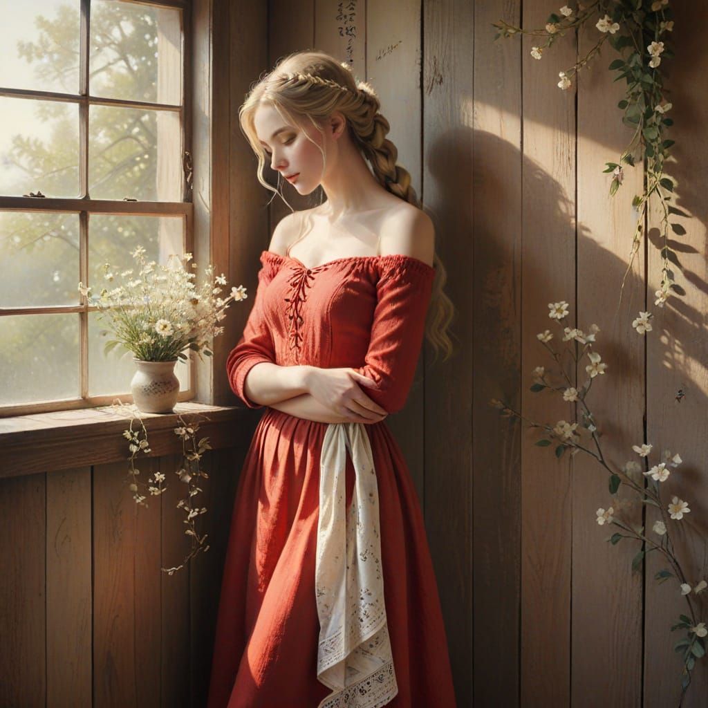 Young Woman in Vintage Dress Leans Against Wooden Wall