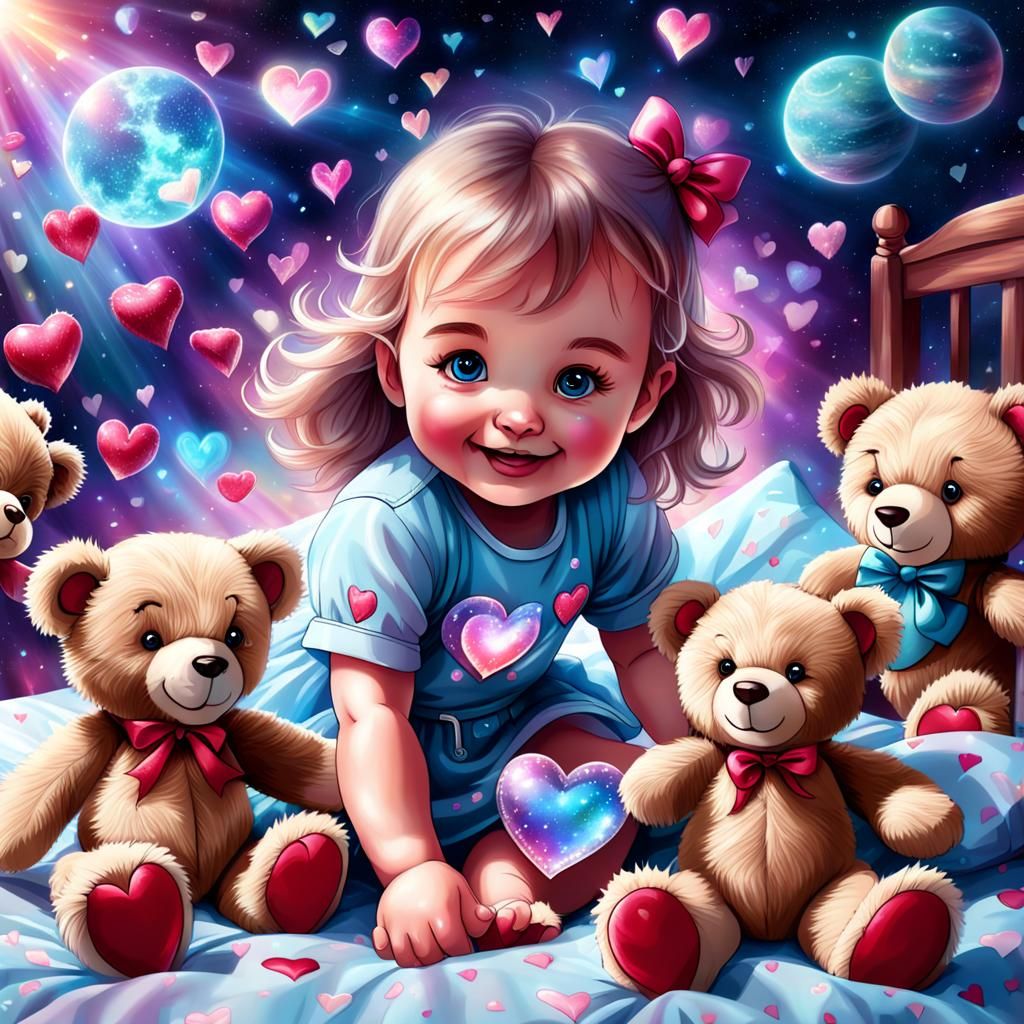 Baby Girl Playing with Teddy Bears: Cosmic Illustration