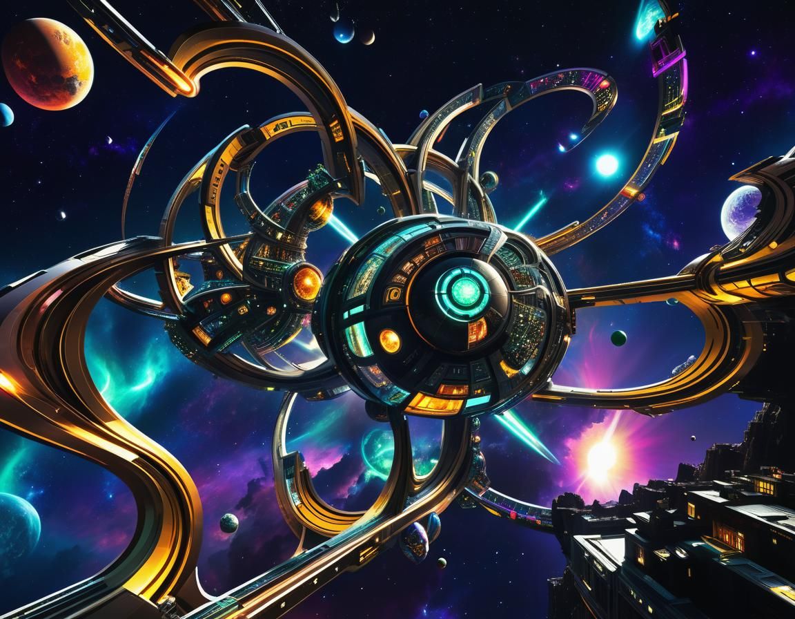 Teslapunk Space Station with Celtic Knots in Deep Space