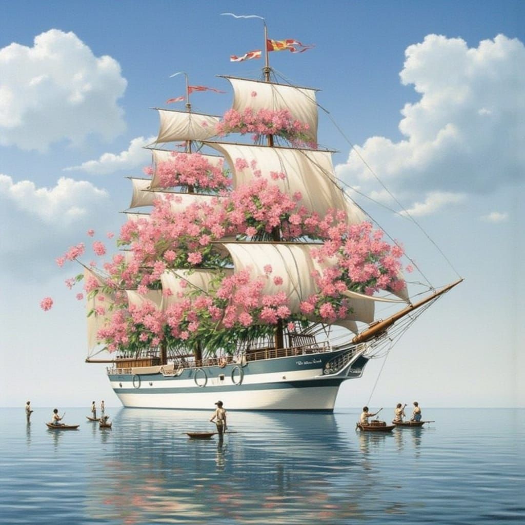 Surreal Maritime Scene with Majestic Ship and Vibrant Pink F...
