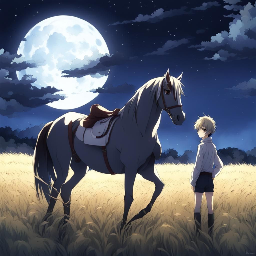 Boy and Horse Under Moonlight in Anime Style