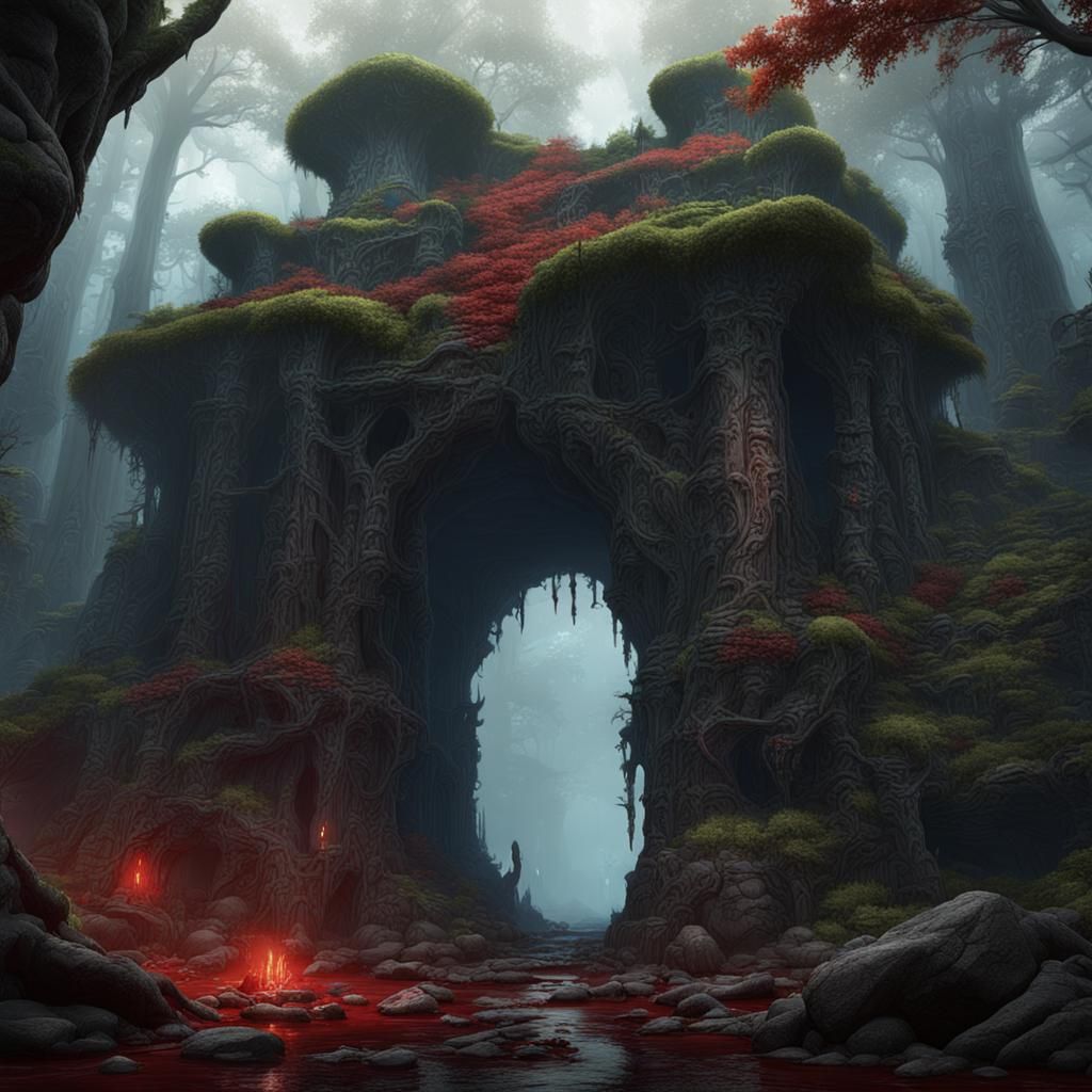 Dark Fantasy Forest Cave Entrance with Blood and Bones