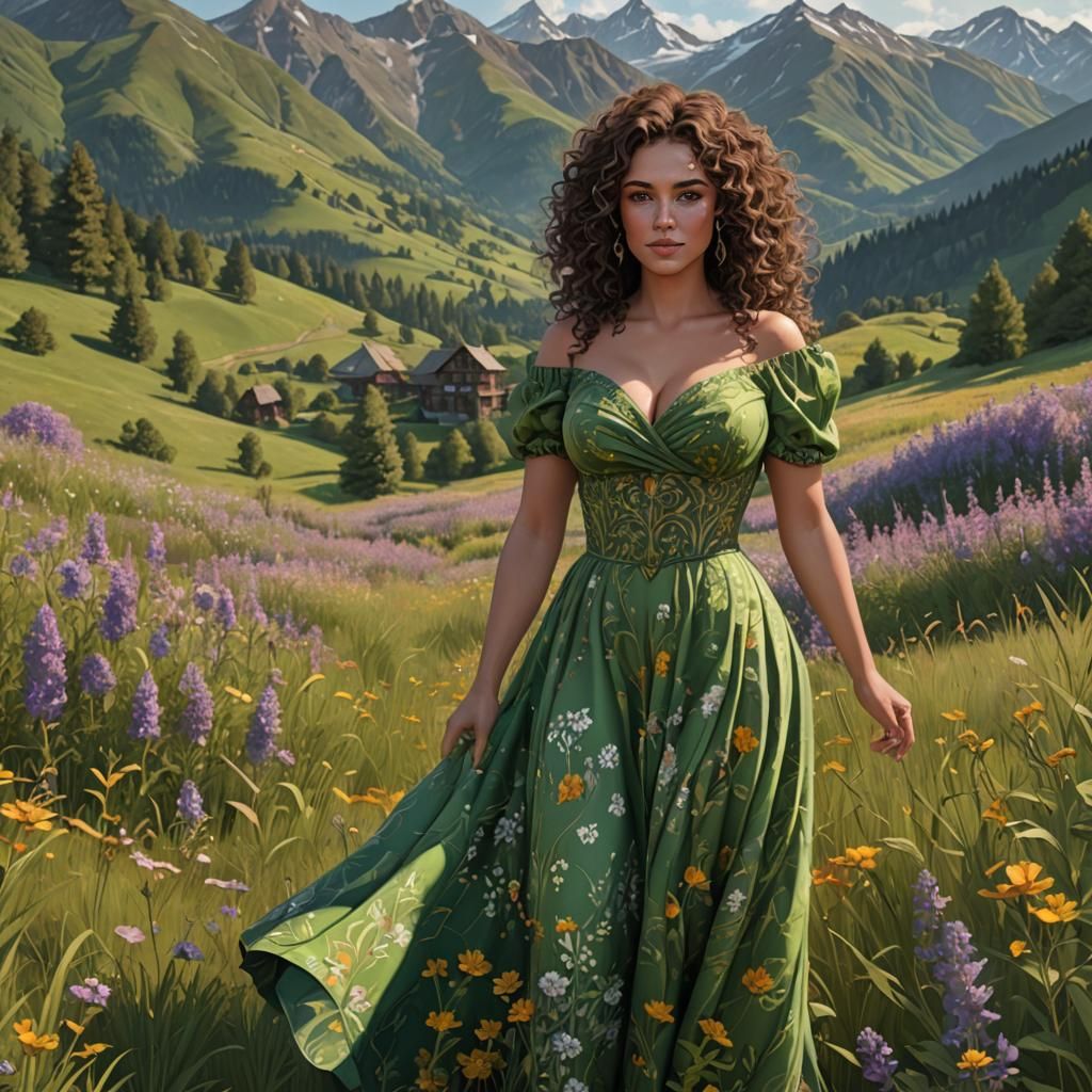 Attractive Woman in Mountain Meadow, Hyperrealistic 3D
