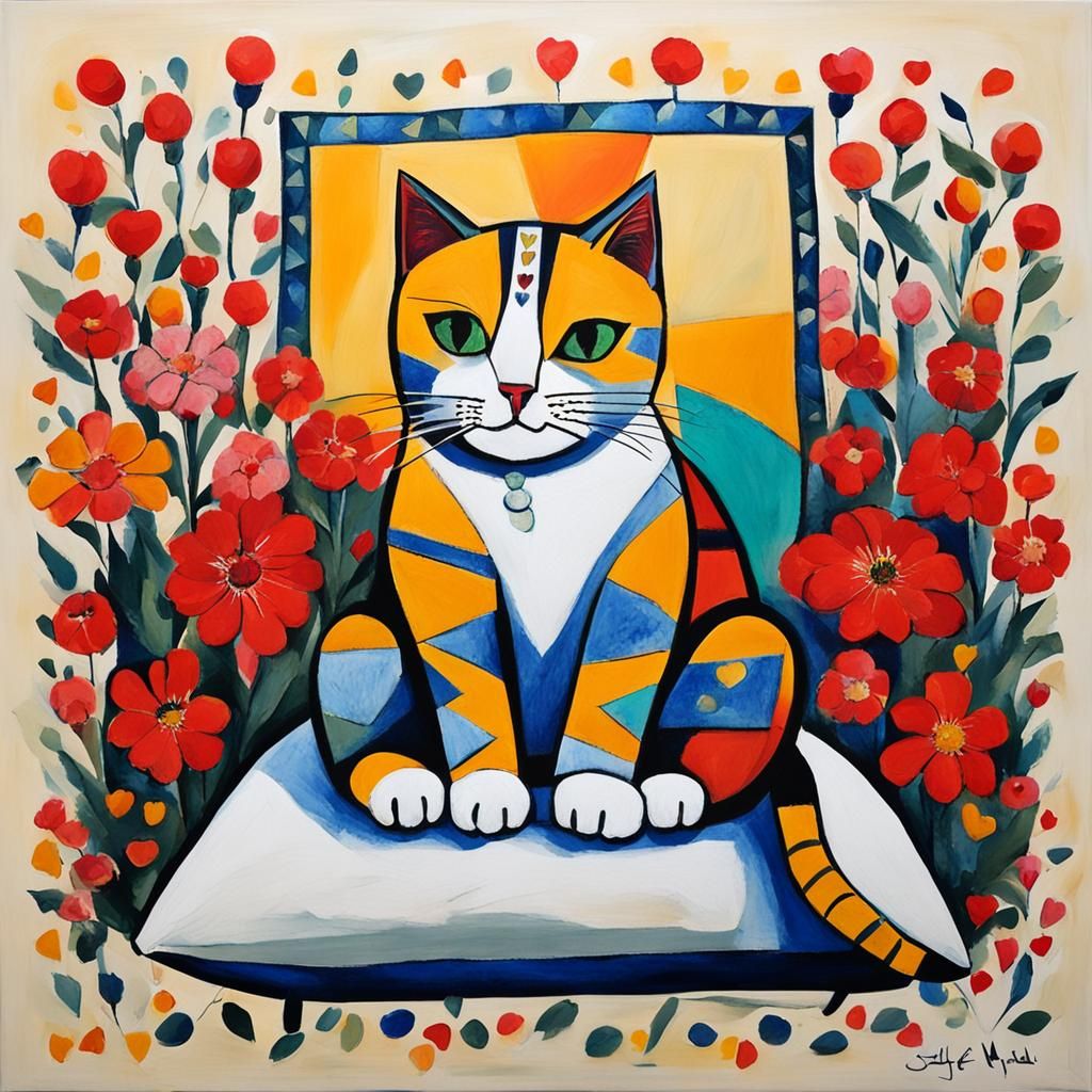 Cat Surrounded by Flowers in Modern Art Style