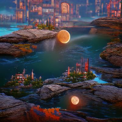 Moonrise Over Water City: Detailed Matte Painting