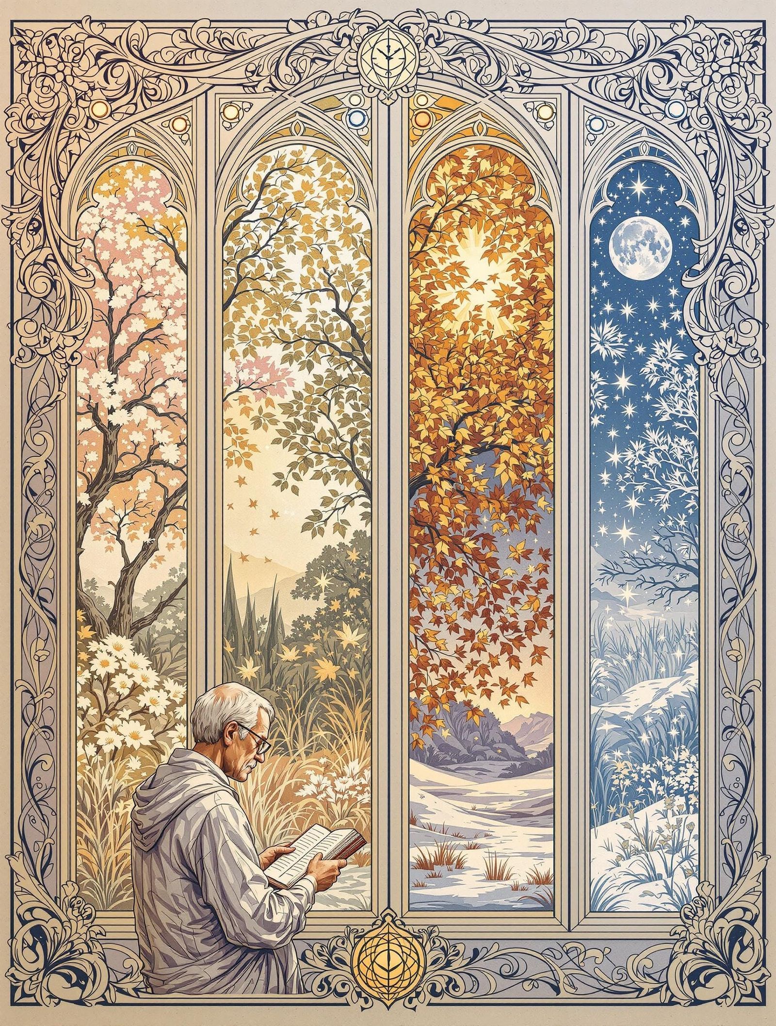 Nature's Cycle in Luminous Digital Pastel Engraving