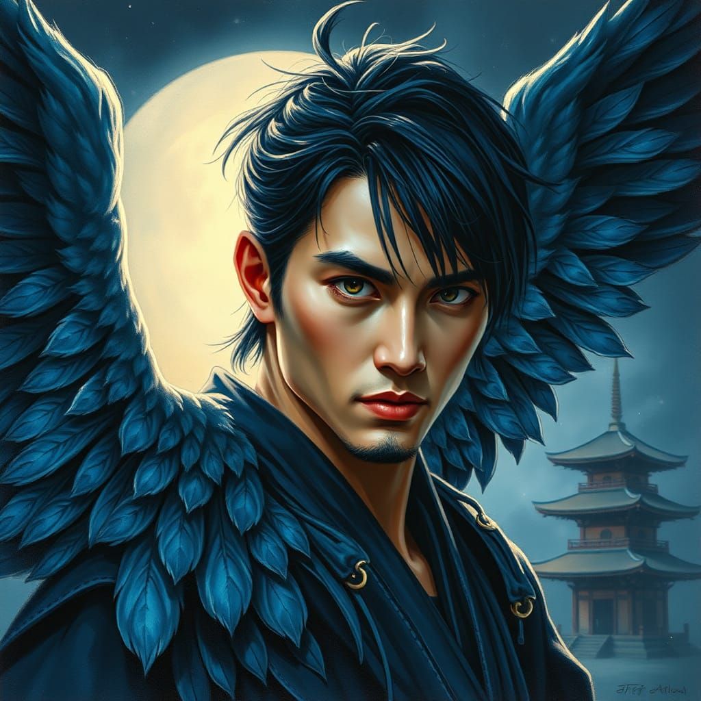 Winged Samurai in Moonlight: Watercolor and Impasto