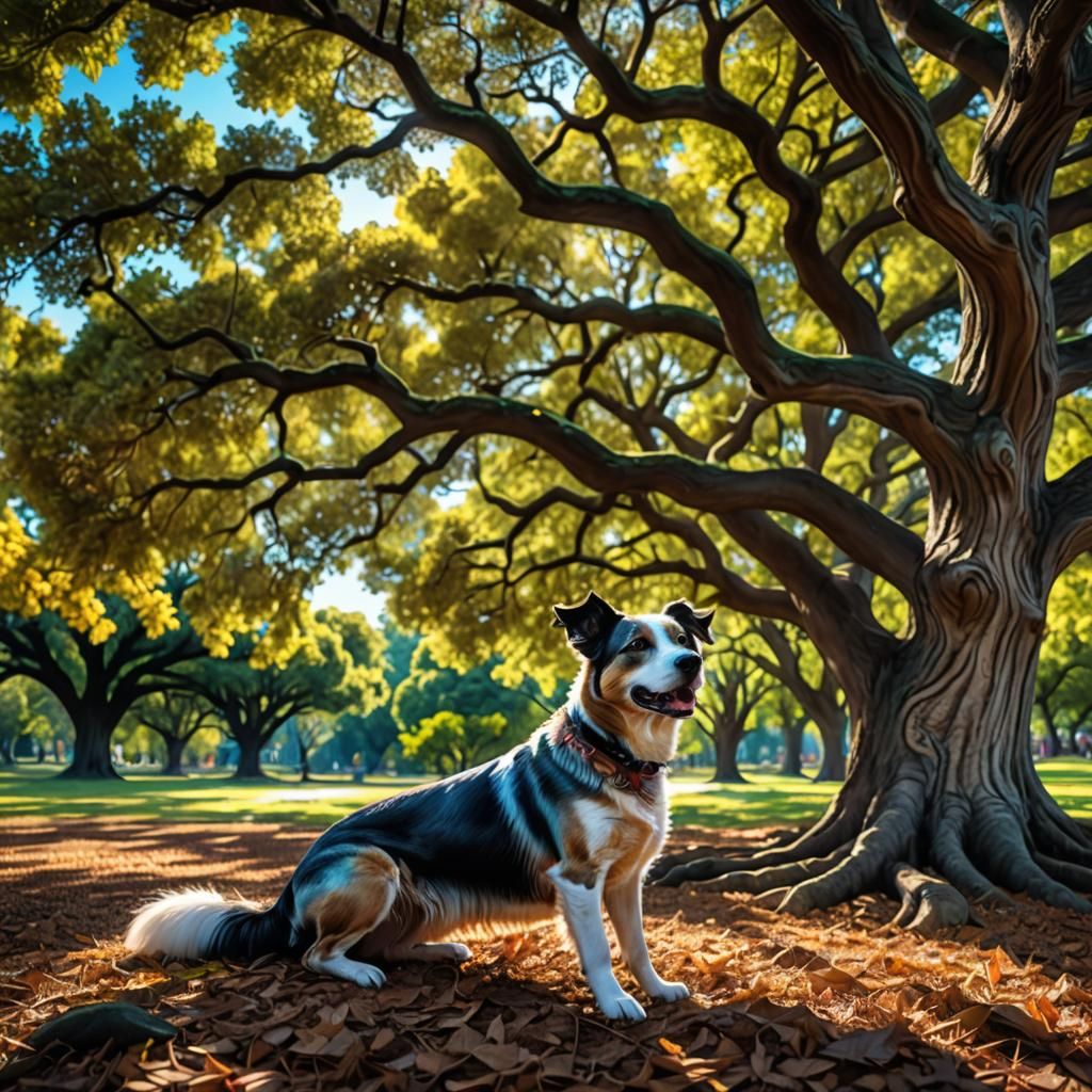 Hyperrealistic Fractal Landscape with Dog and Oak