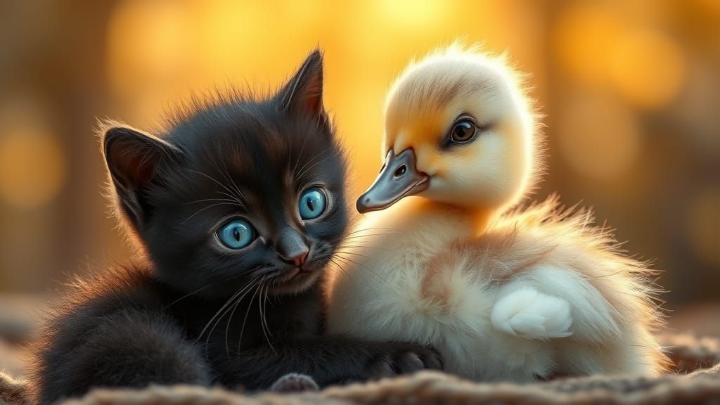 Kitten and Duckling Cuddle in Whimsical Fantasy Art