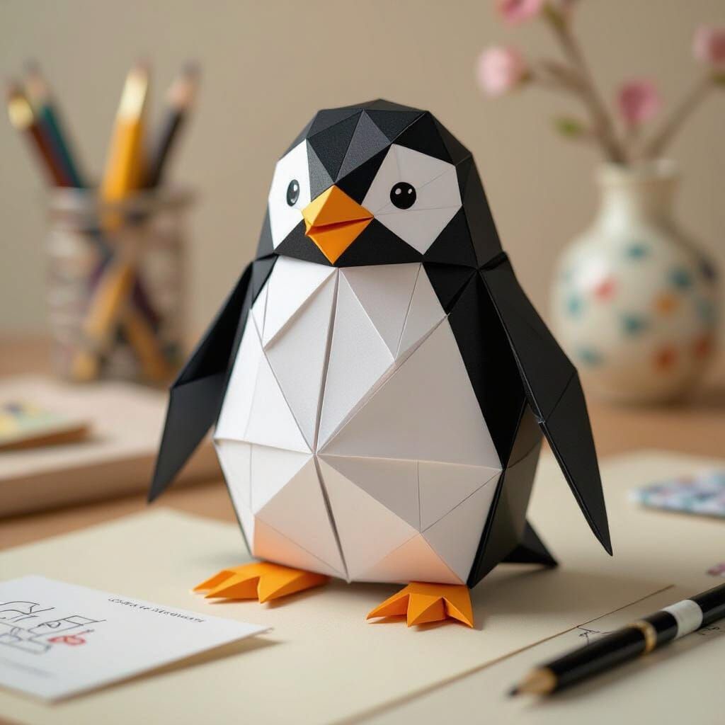 Origami Penguin Papercraft in Playful Geometric Style