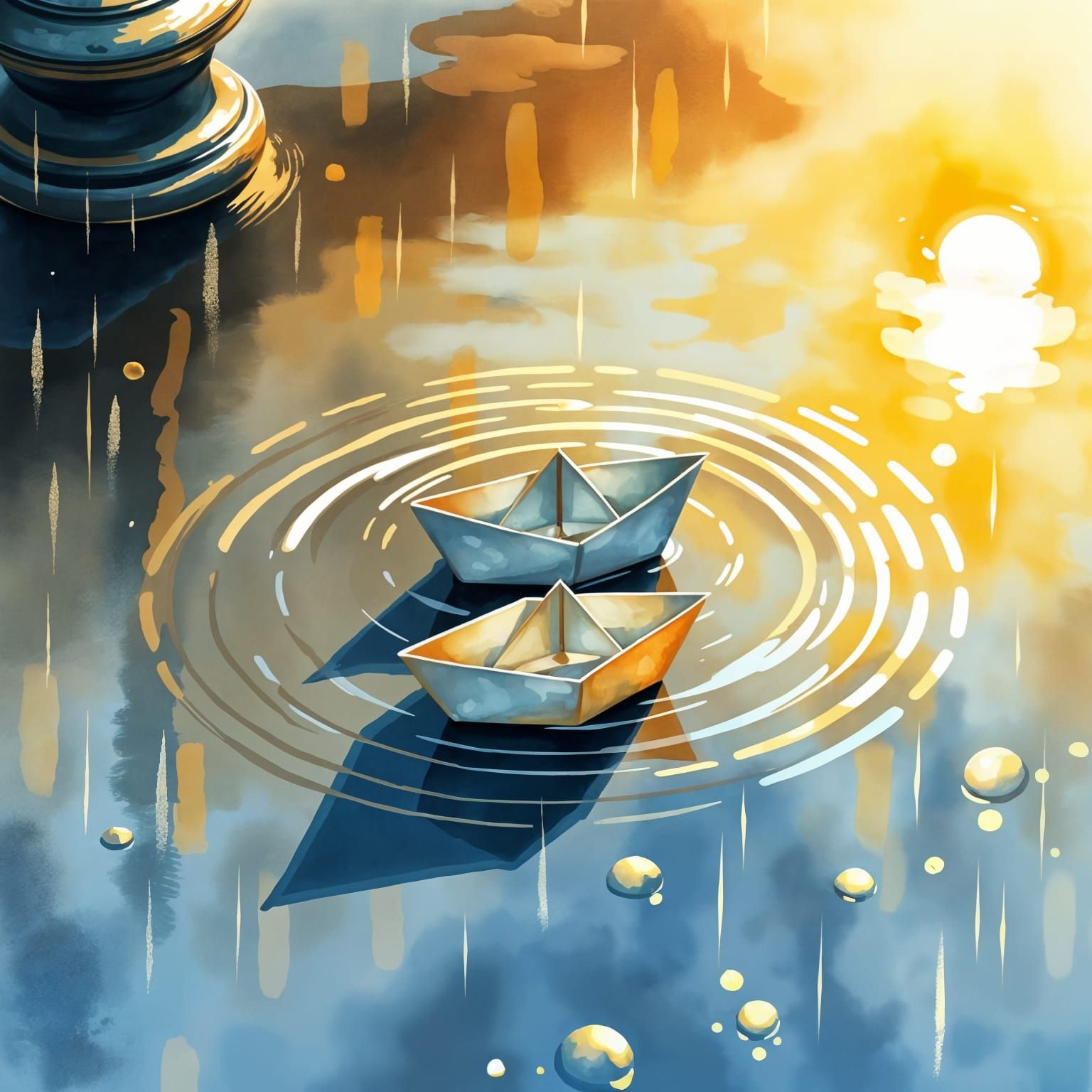 Watercolor Paper Boat in Rainy Puddle