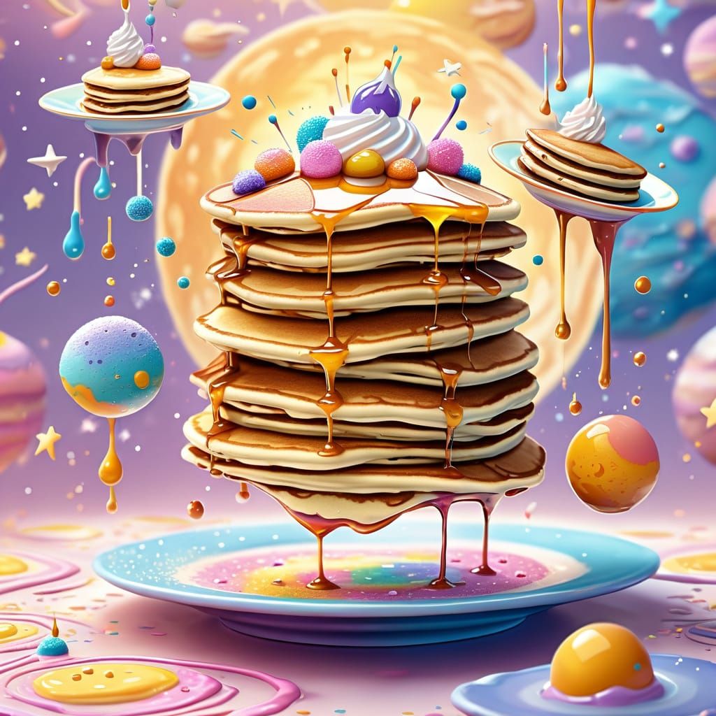 Dreamy Levitating Pancakes with Smiling Faces and Orbiting S...