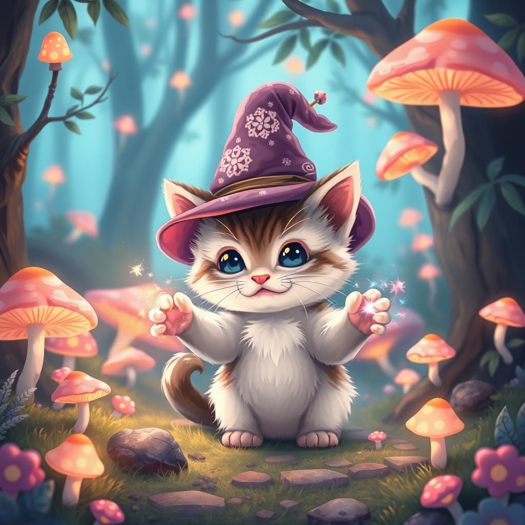 Kitten Wizard in Enchanted Forest: Kawaii Art