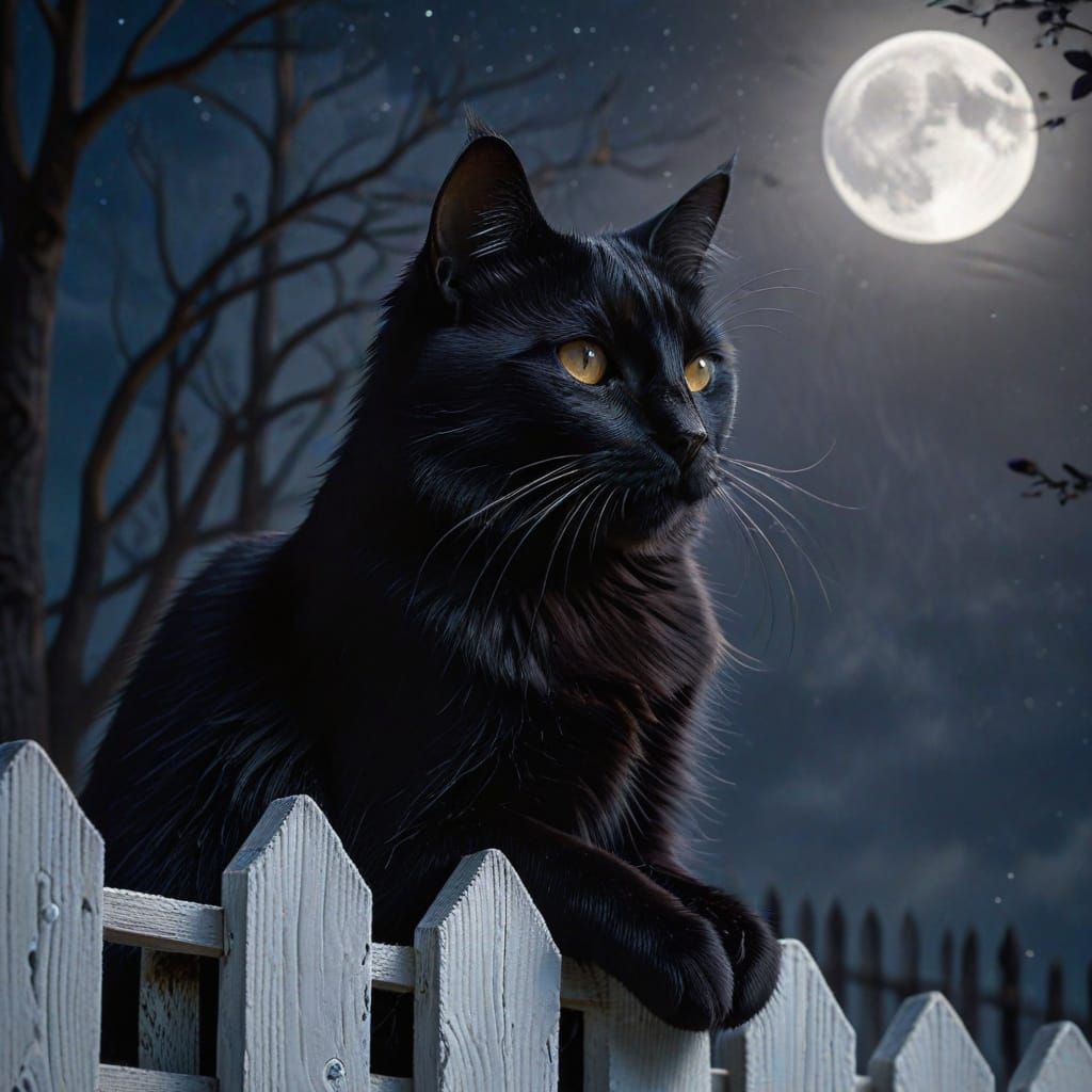 Black Cat on Moonlit Fence in Dark Fantasy Art