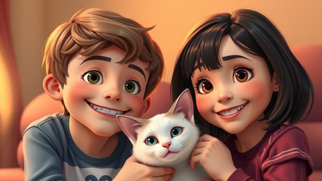 Children and Cat Share Joyful Moment