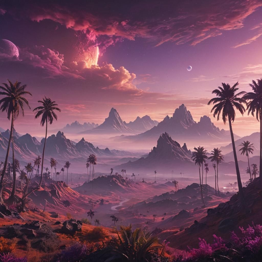Sci-Fi Alien Landscape with Palm Trees