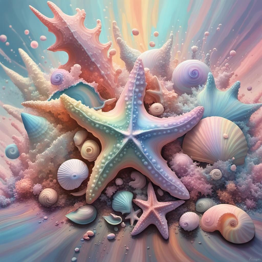 Abstract Pastel Oil Painting with Seashells