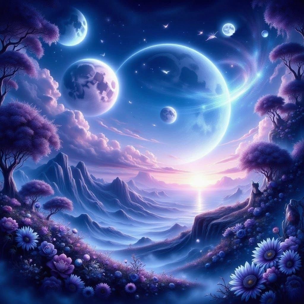 Vibrant Alien Planet with Lush Jungles and Three Moons