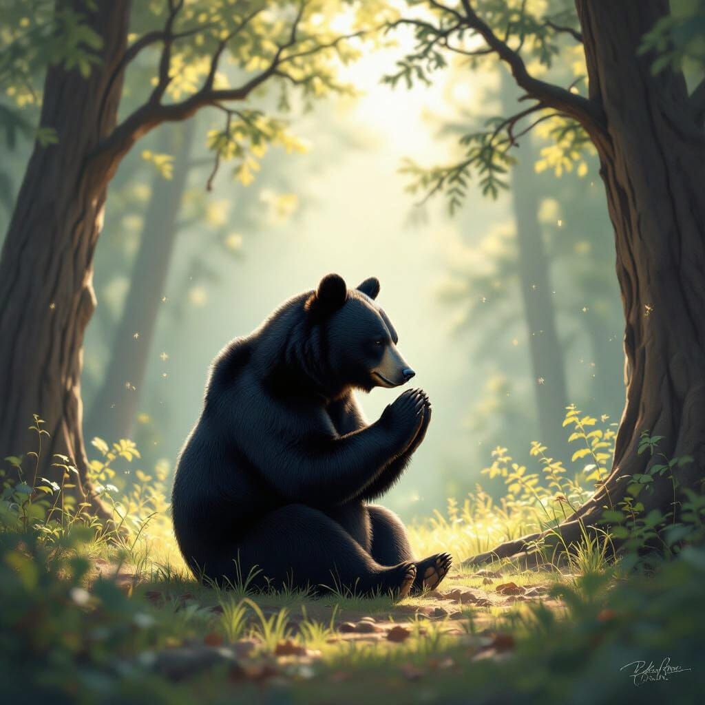 Black Bear Kneeling in Prayer in Sunlit Forest