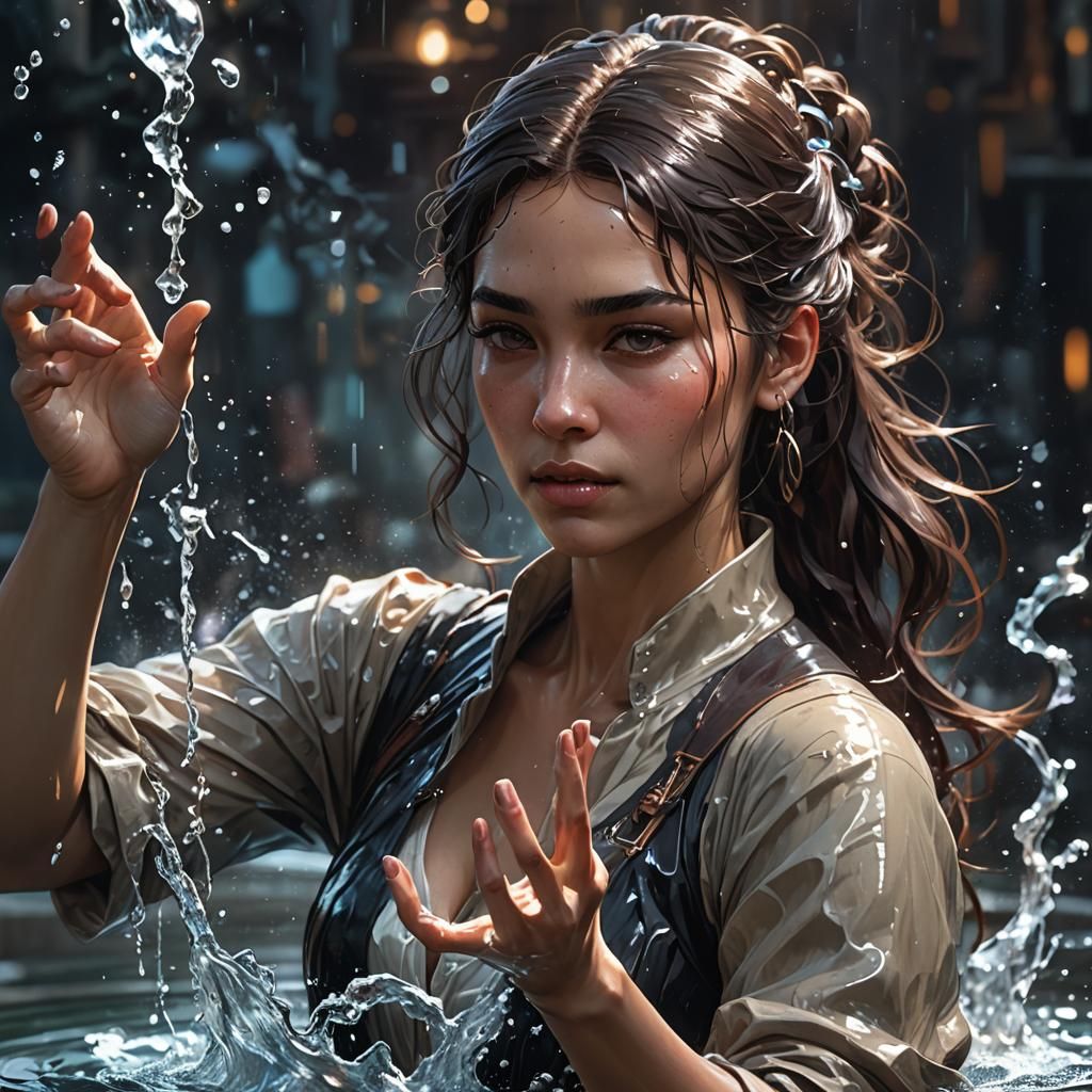Woman Wielding Water in Dark, Hyperdetailed Portrait