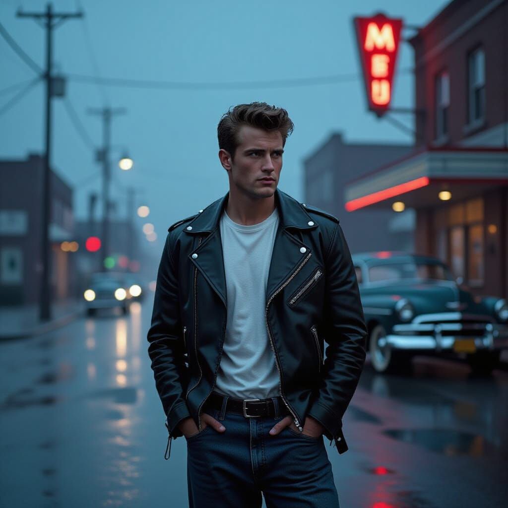 1950s Greaser in Rain-Soaked Cityscape