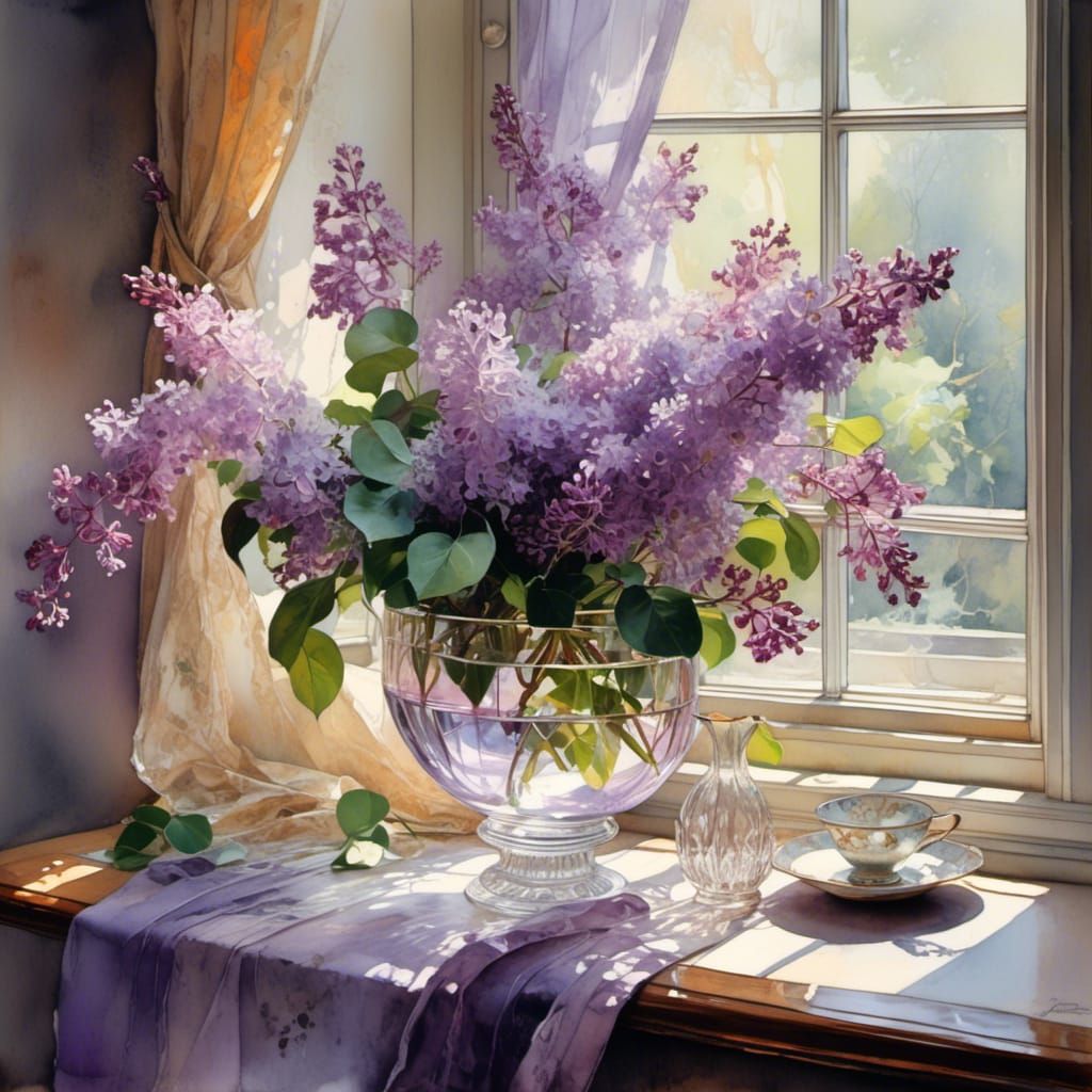 Lilac Flowers in Crystal Vase: Watercolor Still Life