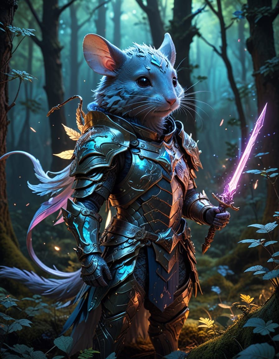 Mystical Mouse Knight in Vibrant Cosmic Armor