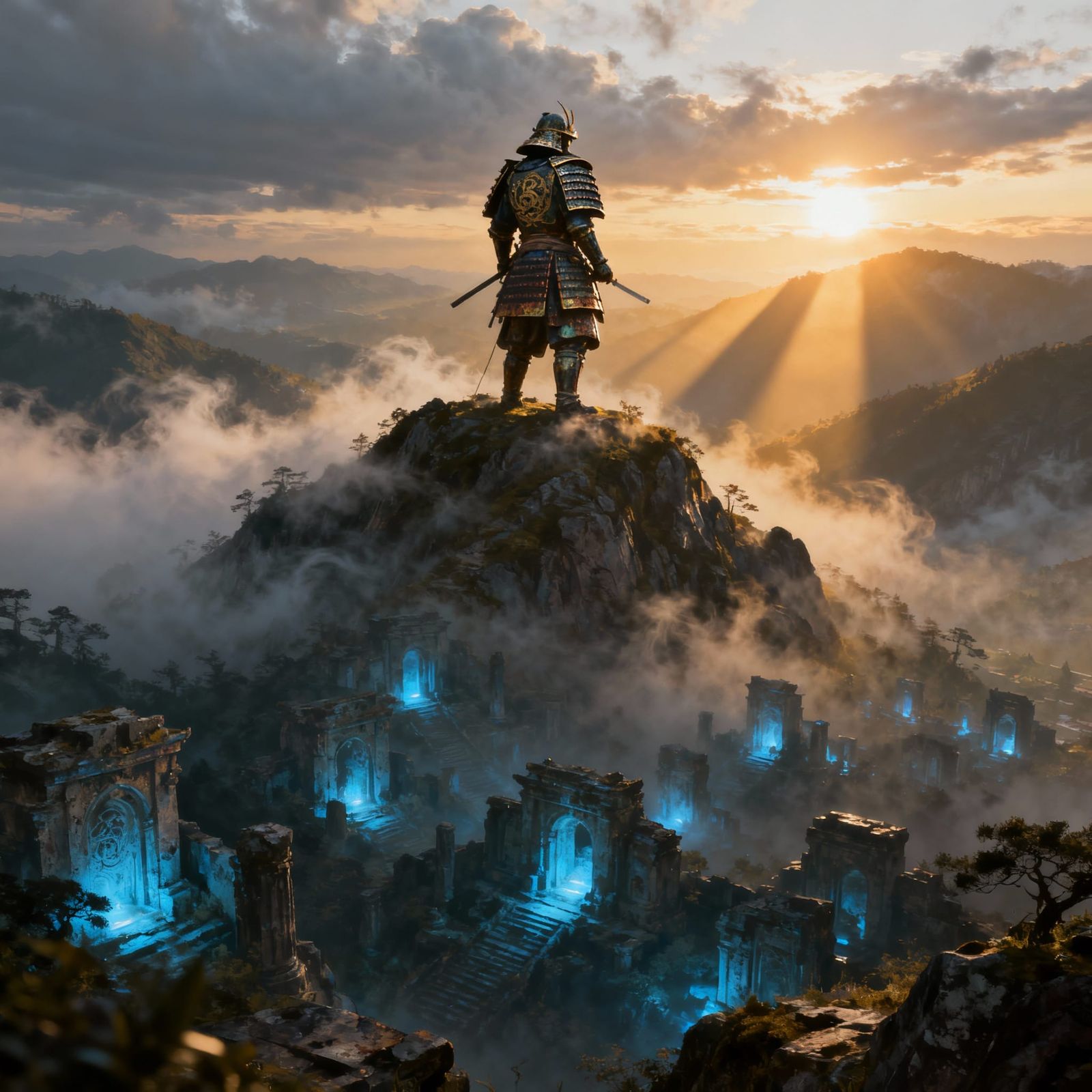 Lone Samurai Warrior Overlooking Ruined Valley