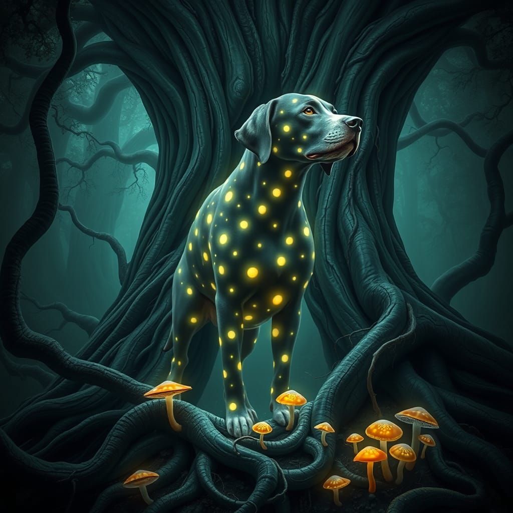 Glowing Polka Dot Dog in Dark Fantasy Forest