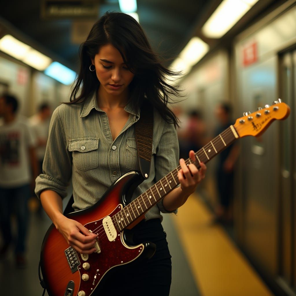 Woman Playing Electric Guitar on Subway Platform