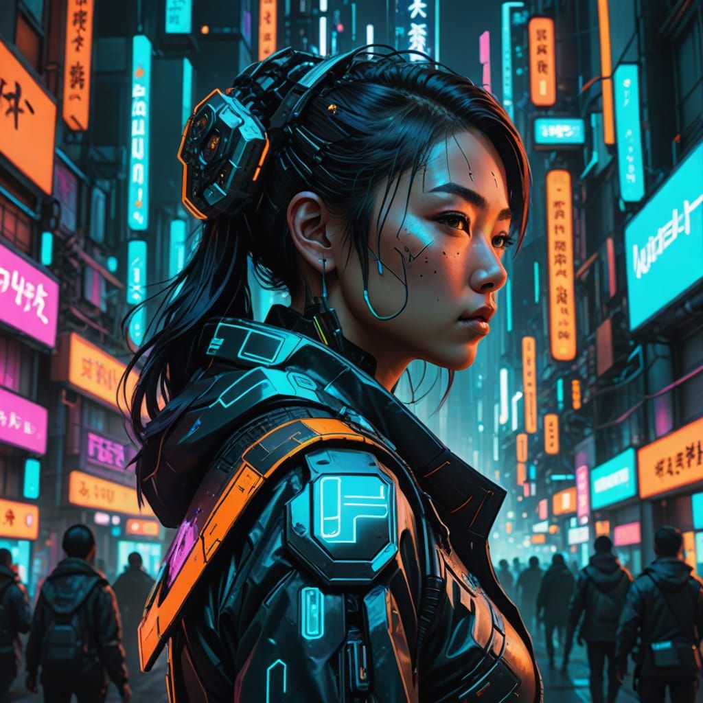 Japanese Lady in Cyberpunk City, Digital Art