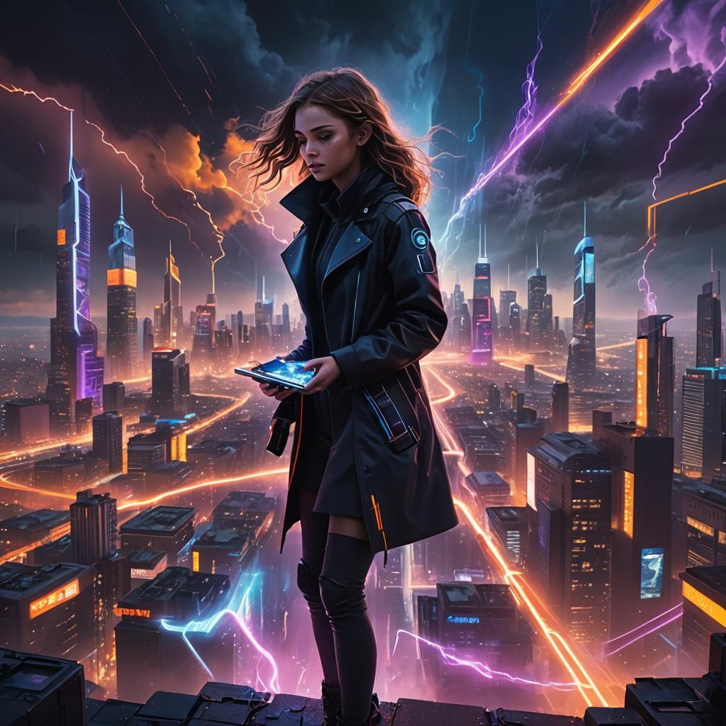 Neon Cityscape: Girl in Cyberpunk Outfit
