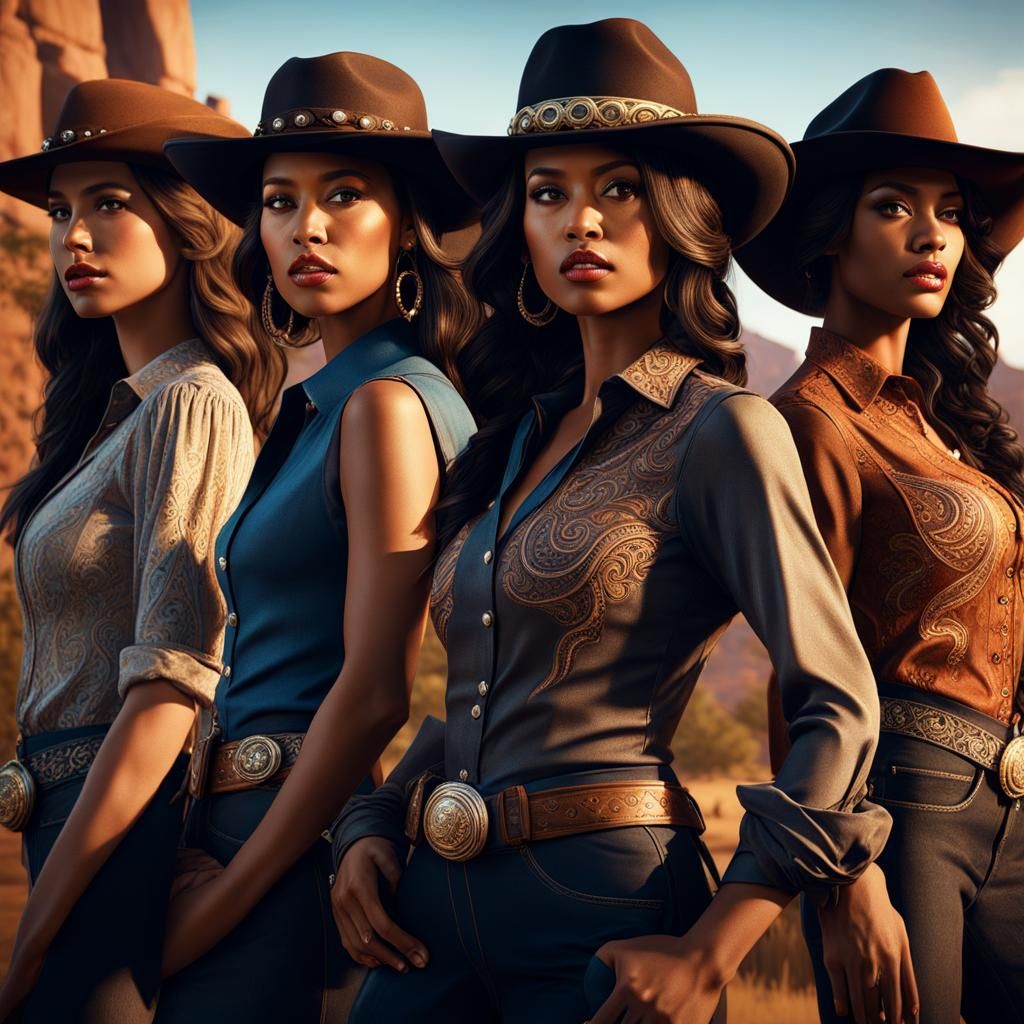 Four Women in Western Hats, Fantasy Concept Art