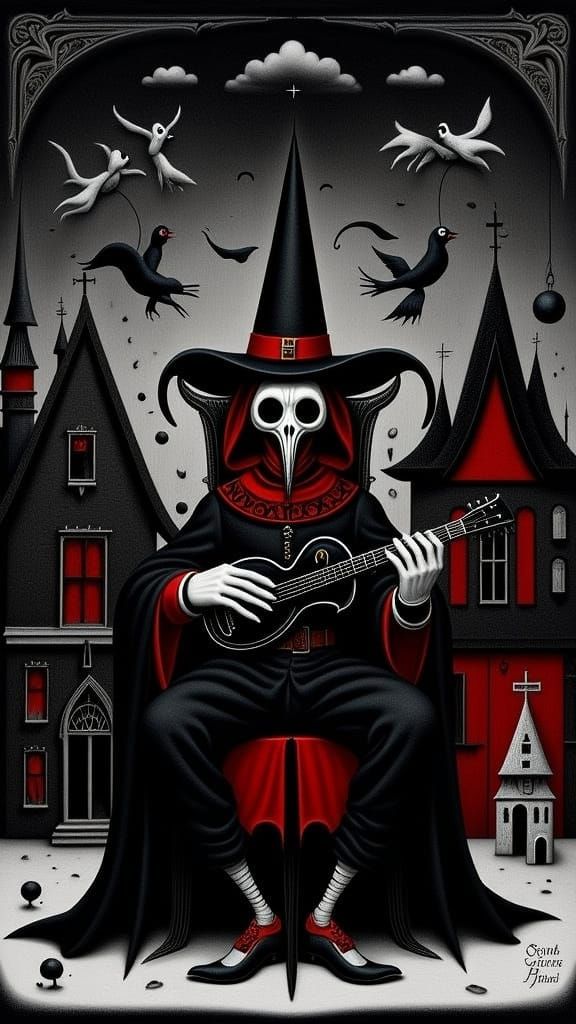 Cryptid Albino Ogre Mandolinist in Apocalyptic Cityscape