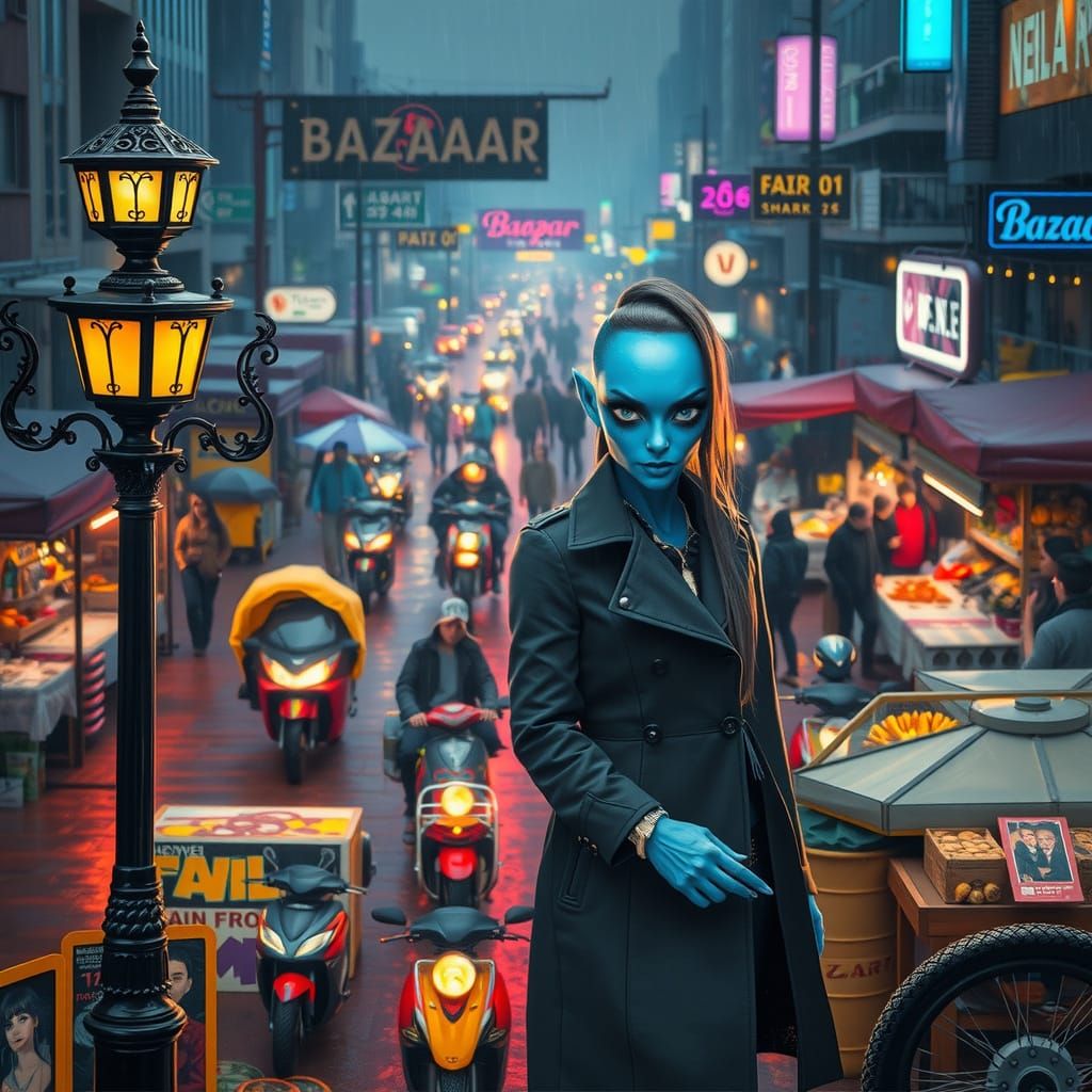 Cyberpunk Favela Night Market in the Rain