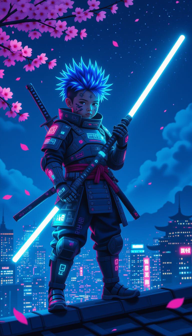 Cyber Samurai Child Warrior on Neon Rooftop