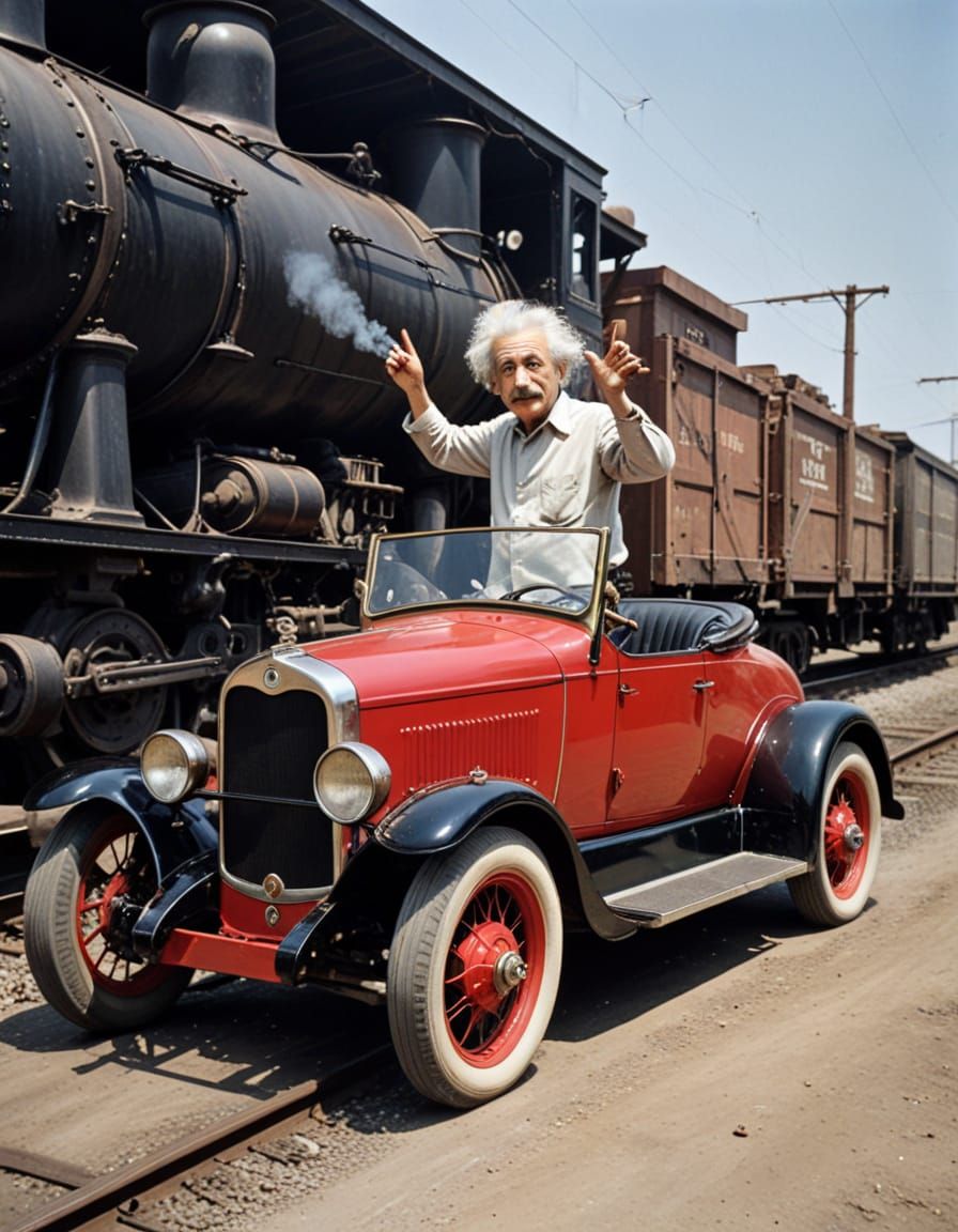 Einstein flipping off Dali while peeling away in his cherry roadster with pusher pipes and a long-train enscapement