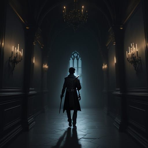 Young Wizard in Gothic Castle Corridor