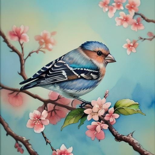 Finches in Nest: Watercolor Gouache Impressionist Painting