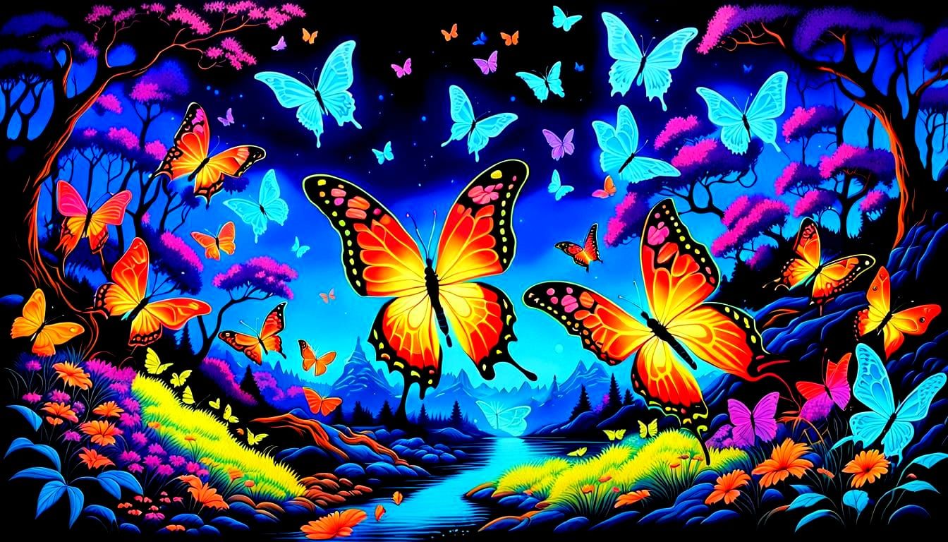 Fluorescent Butterflies in UV Blacklight Fantasy Landscape