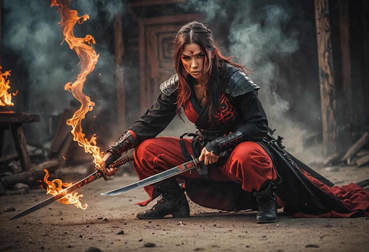 Stunning Ninja Woman with Magic Flame, Cinematic Style