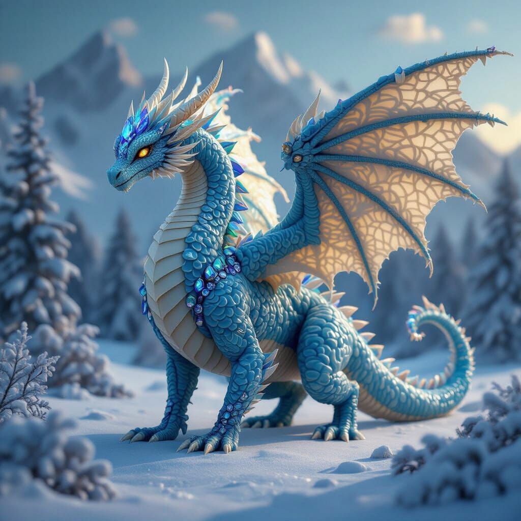 Blue Pasta Dragon Over Winter Landscape, Matte Painting