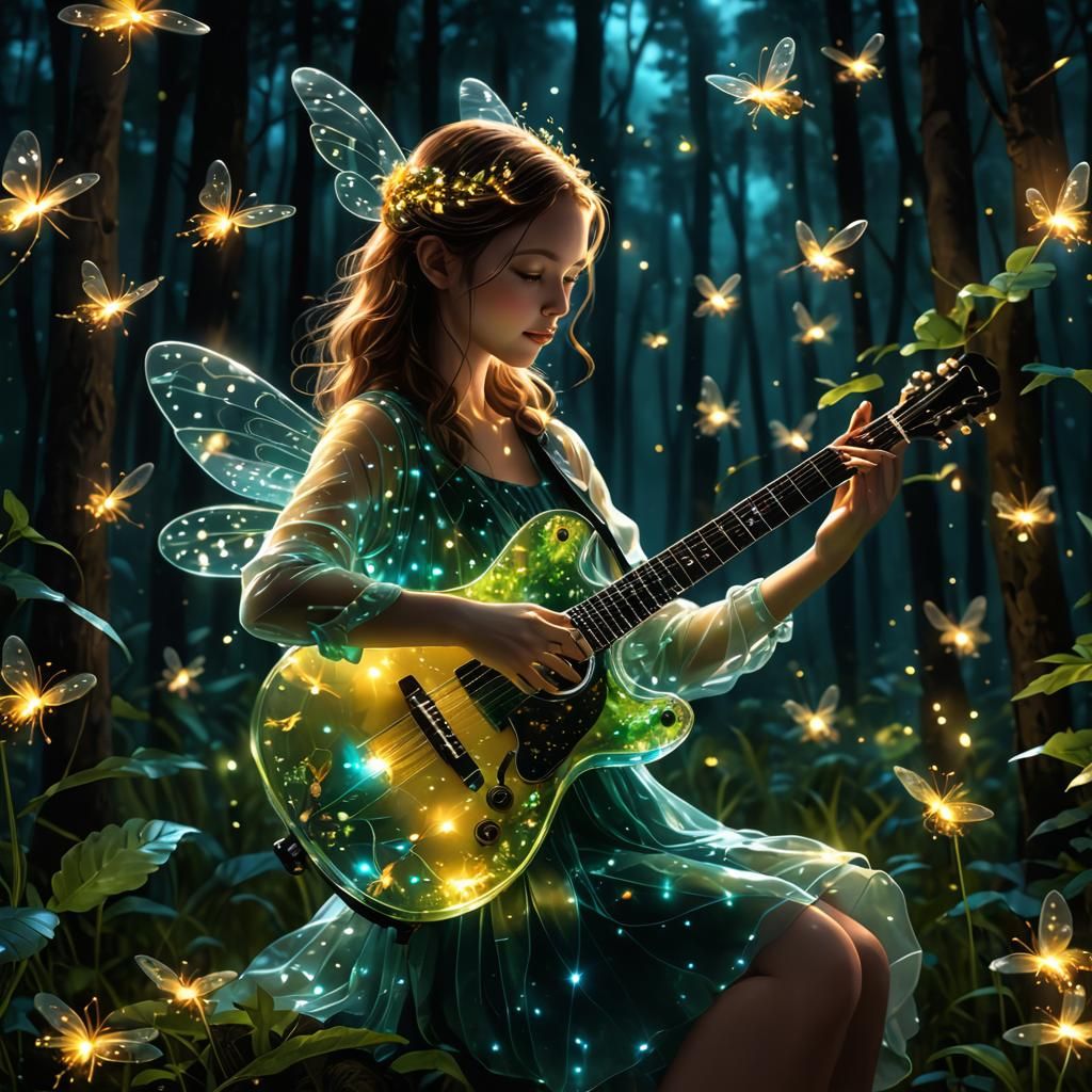 firefly playing a transparent glass guitar.